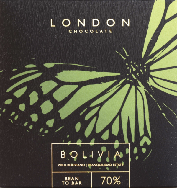 Front packaging of London Chocolate 70% Bolivia with black background and green butterfly in foreground